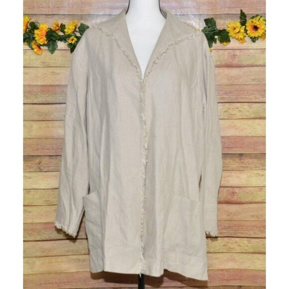Vintage LAFAYETTE 148 100% Linen Open Front Jacket Size L Raw Trim Neutral Khaki - Picture 1 of 14